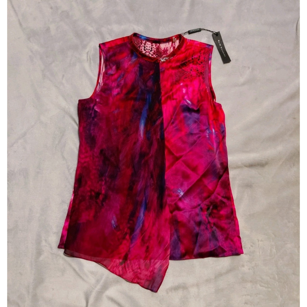 Elie Tahari Silk Sleeveless Top Leather Trim Pink Snakeskin Print Layered XS NWT